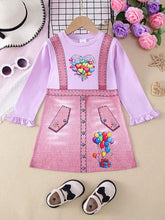 1pc Girls Casual Balloon Print Denim-Like Dress, Autumn